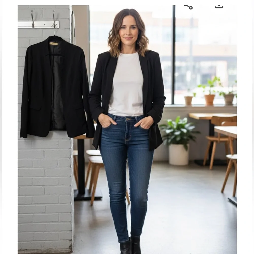 Black Blazer and Blue Jeans Outfit